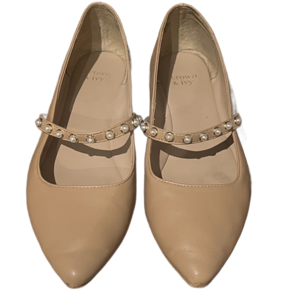Crown & Ivy Tan Flats with Pearl Strap
